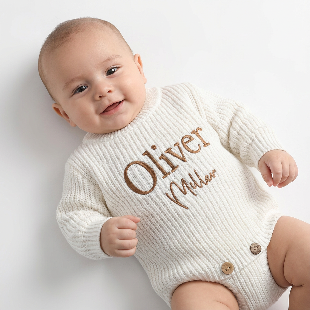 Custom Embroidered Baby Knit Romper | Personalized Chunky Sweater One-Piece